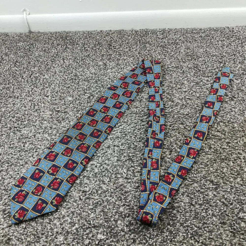 Vintage Burberry Neck Tie Silk Floral Blue Red USA Made 56L 3.75W